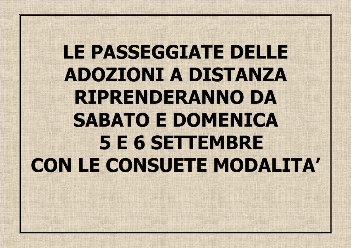DAL FINE SETTIMANA 5 E 6 SETTEMBRE RIPRENDONO LE PASSEGGIATE DELLE ADOZIONI A DISTANZA